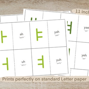 May include: Printable flashcards with green Korean consonant symbols and their English pronunciation. The flashcards are 8.5 inches by 11 inches and are designed to print perfectly on standard letter paper.