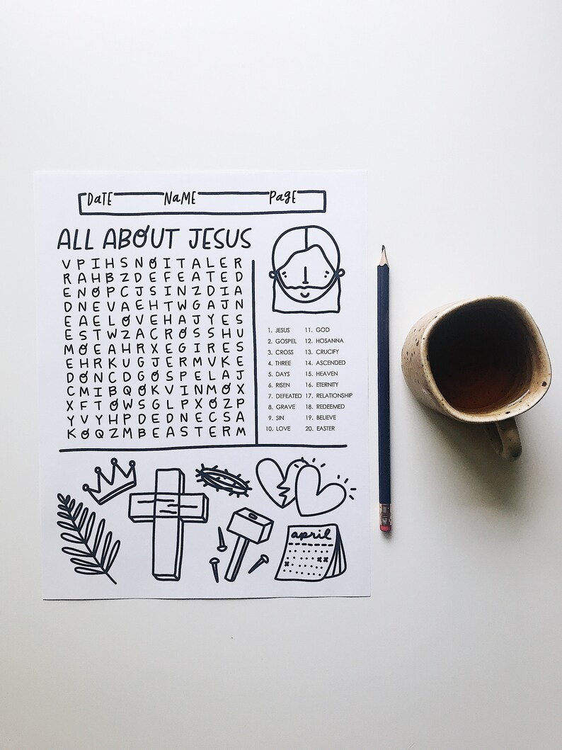 Peut inclure: Une feuille de travail imprimable en noir et blanc avec les mots "Tout sur J&eacute;sus" en haut. La feuille de travail comprend un mot crois&eacute;, une liste de mots li&eacute;s &agrave; J&eacute;sus et quelques illustrations de symboles religieux, notamment une couronne, une croix, un marteau, des clous et un c&oelig;ur.