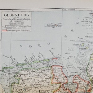 Oldenburg (Deutschland) - original antike Karte von 1902 (Land, Stadt, Provinz, Region, Nordsee, Bremen, Lübeck, Elbe Birkenfeld Papenburg)