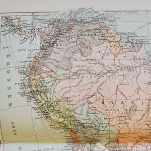 América do Sul - mapa antigo original de 1902 (país, cidade, província, região, Atlântico, Pacífico, Oceano, Brasil, Argentina, Bolívia, Peru)