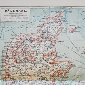 Denmark - original antique map from 1902 (country, city, province, region, metropolitan area, continent, Europe, Bornholm, Copenhagen)