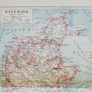 Denmark - original antique map from 1902 (country, city, province, region, metropolitan area, continent, Europe, Bornholm, Copenhagen)