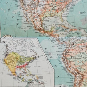 Nord- und Südamerika - original antike Karte von 1902 (Land, Stadt, Provinz, Region, Metropol, USA, Mexiko, Atlantik, Pazifik)