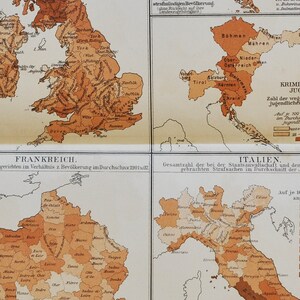 犯罪統計 - 1902 年のオリジナルのアンティーク マップ (国、都市、州、ヨーロッパ、イギリス、アイルランド、フランス、イタリア、オーストリア)
