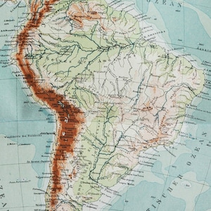 Südamerika Flüsse und Berge - original antike Landkarte von 1902 (Land, Stadt, Provinz, Region, Metropolit, Amazonas, Anden, Peru)