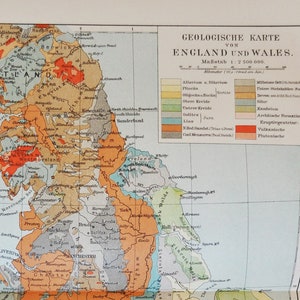 Geologisches England & Wales - original antike Karte von 1902 (Land, Stadt, Provinz, Region, Metropolregion, Kontinent, Flüsse geologische)