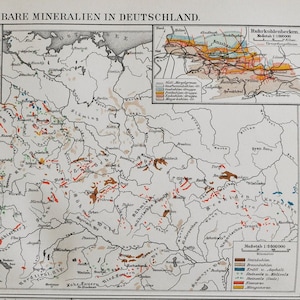 Mineralien in Deutschland - original antike Landkarte von 1902 (Land, Stadt, Geologie, Bergbau, Kohle, bituminös, Gold, Silber, Zink, Kobalt, Kupfer)