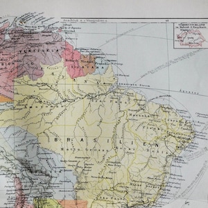 Südamerika - original antike Landkarte von 1902 (Land, Stadt, Provinz, Region, Metropolit, Brasilien, Peru, Ecuador, Venezuela, Kolumbien)