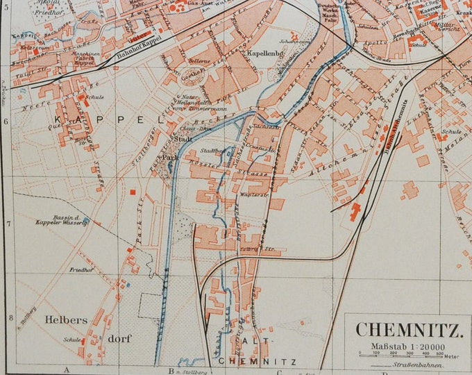Chemnitz (Germany) - original antique map from 1902 (country, city, province, europe, Saxony, Bernsdorf, Hilbersdorf, Helbersdorf, kappel)