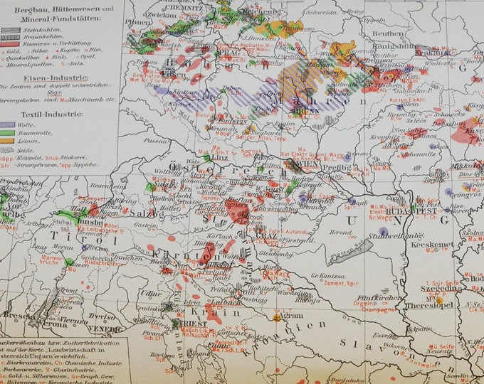 Industrial Map Austria - original antique map from 1902 (country, city, province, region, lignite, brown coal, mining, industry, ceramic)