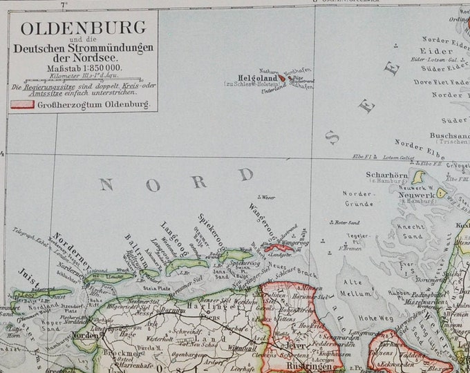 Oldenburg (Germany) - original antique map from 1902 (country, city, province, region, North Sea, Bremen, Lubeck, Elbe Birkenfeld Papenburg)