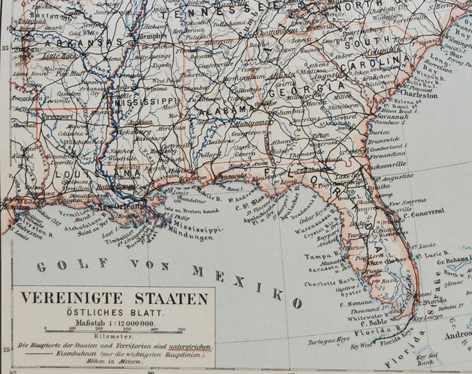 United States East - original antique map from 1902 (country, city, province, metropolitan, states, Atlantic Ocean, Gulf of Mexico, coast)