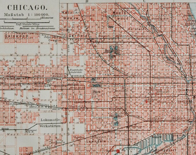 Chicago - original antique map from 1902 (city, lake michigan, illinois, united states, downtown, north, east, south, west, brighton park)