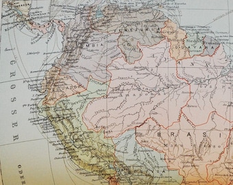 South America - original antique map from 1902 (country, city, province, region, Atlantic, Pacific, Ocean, Brazil, Argentina, Bolivia, Peru)
