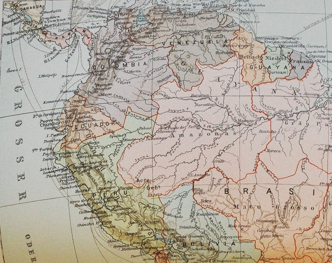 South America - original antique map from 1902 (country, city, province, region, Atlantic, Pacific, Ocean, Brazil, Argentina, Bolivia, Peru)