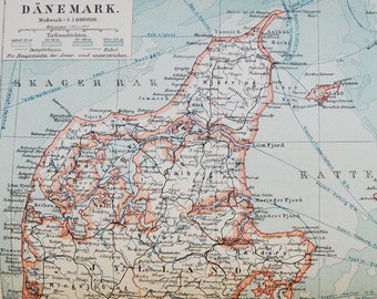 Denmark - original antique map from 1902 (country, city, province, region, metropolitan area, continent, Europe, Bornholm, Copenhagen)