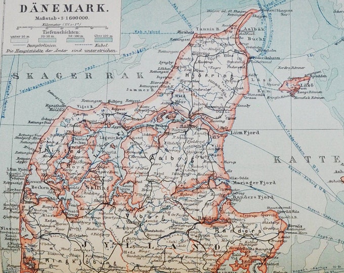 Denmark - original antique map from 1902 (country, city, province, region, metropolitan area, continent, Europe, Bornholm, Copenhagen)