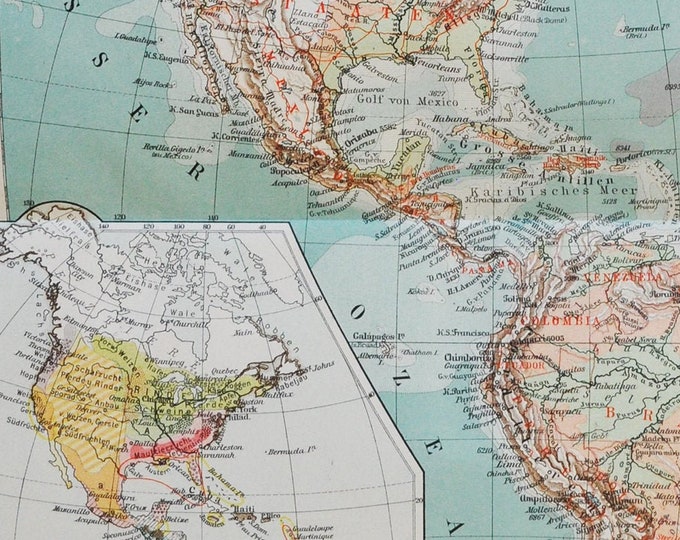 North & South America - original antique map from 1902 (country, city, province, region, metropolitan, USA, Mexico, Atlantic, Pacific Ocean)