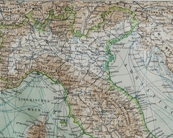 Italy - original antique map from 1902 (country, city, mediterranean sea, roman empire, sardinia, sicily, rome, florence, venice, naples)
