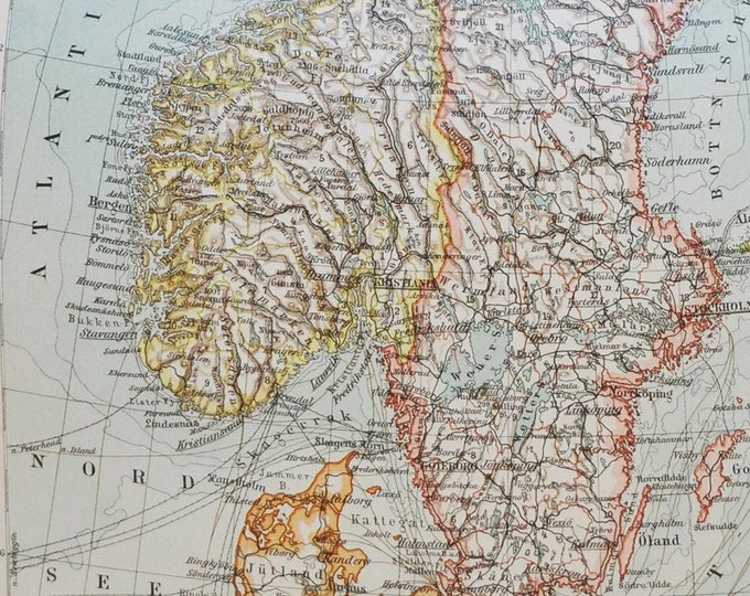 Norway & Sweden - original antique map from 1902 (country, city, province, North Sea, Atlantic Ocean, Baltic Sea, Oslo, Stockholm, Kattegat)