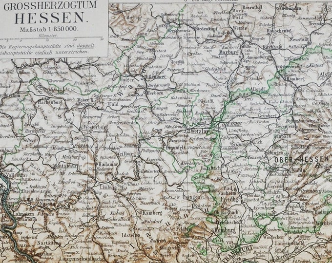 Grand Duchy of Hesse - original antique map from 1902 (country, city, province, region, metropolitan area, germany, Grossherzogtum Hessen)