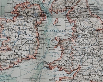 Great Britain and Ireland  - original antique map from 1902 (country, city, london, england, scotland, wales, kingdom, north sea, dublin)