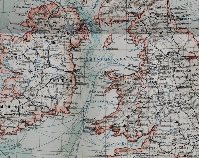 Great Britain and Ireland  - original antique map from 1902 (country, city, london, england, scotland, wales, kingdom, north sea, dublin)