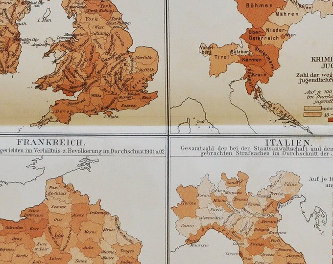 Crime Statistics - original antique map from 1902 (country, city, province, europe, Great Britain, Ireland, France, Italy, Austria)