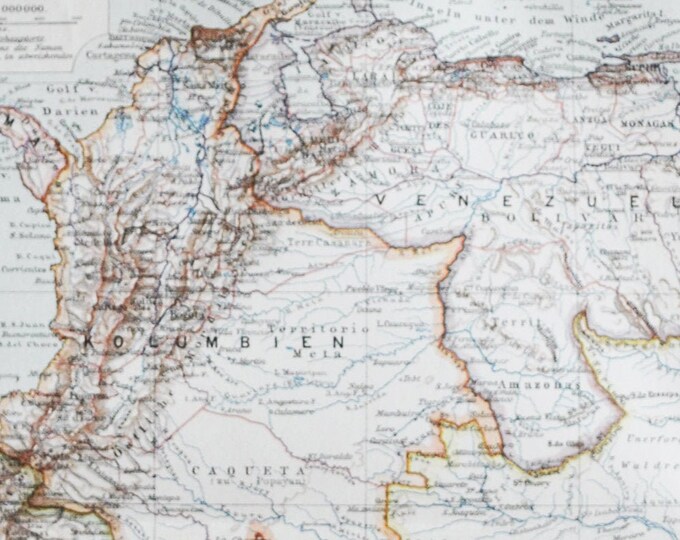 Peru, Equador, Colombia & Venezuala - original antique map from 1902 (country, city, province, region, metropolitan, geography, topography)
