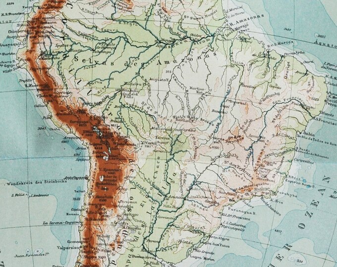 South America Rivers and Mountains - original antique map from 1902 (country, city, province, region, metropolitan, amazon, andes, peru)