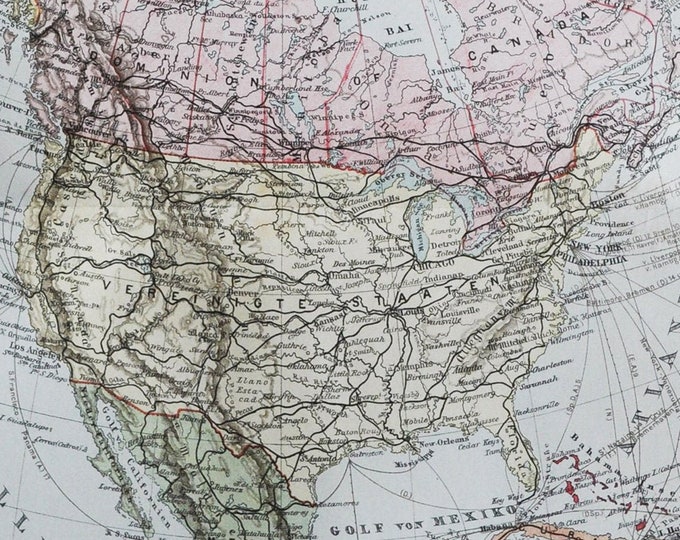 North & Central America - original antique map from 1902 (country, city, province, region, metropolitan, USA Mexico Atlantic Pacific Ocean)