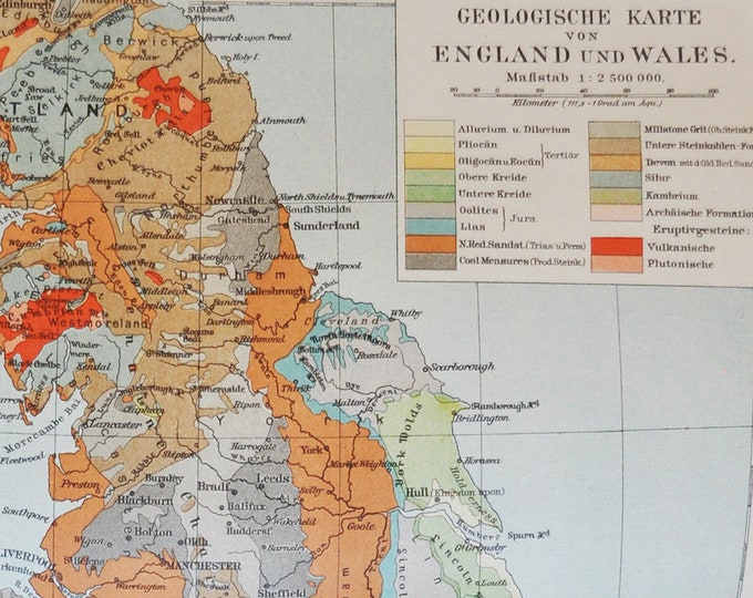 Geological England & Wales - original antique map from 1902 (country, city, province, region, metropolitan area, continent, rivers geologic)