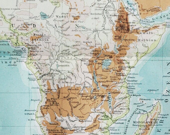 Africa Rivers and Mountains - original antique map from 1902 (country, city, province, region, metropolitan, sahara, sudan, damara, adamaua)