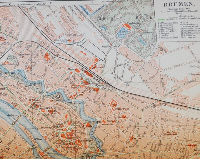 Bremen (Germany) - original antique map from 1902 (country, city, province, europe, Weser, Burgerpark, Freien Hansestadt Neustadt Freihafen)
