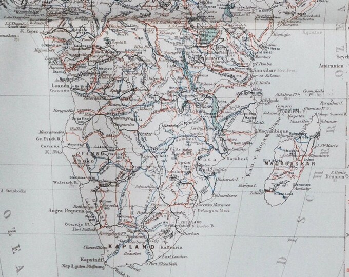 European Exploration / Colonialism in Africa - original antique map from 1902 (country city regions geography sudan kapland sahara germany)
