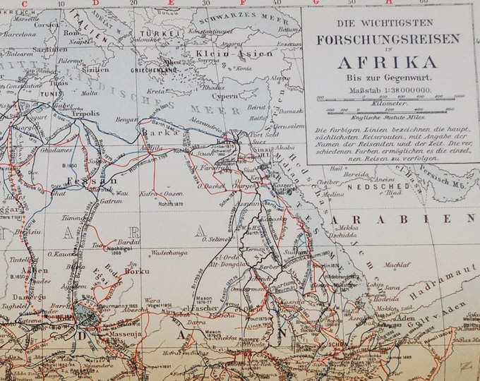 European Exploration of Africa - original antique map from 1902 (country, city, province, metropolitan, expedition, europe, colonialism)