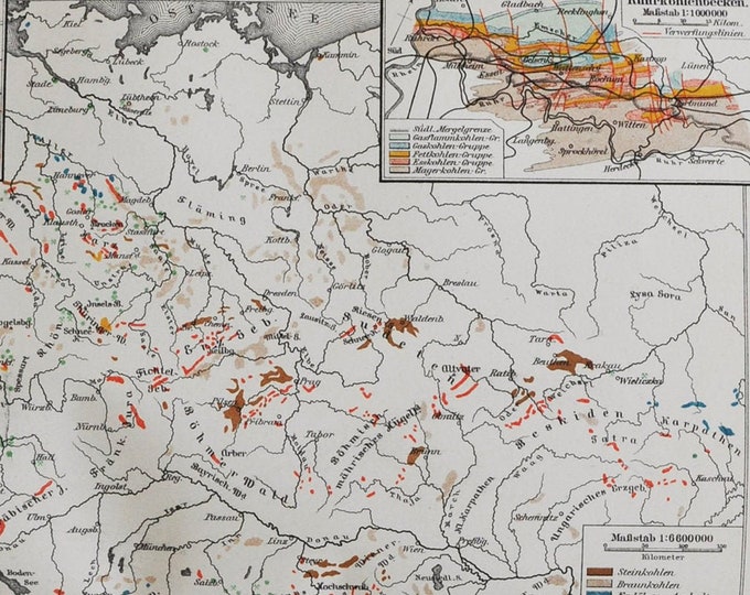 Minerals in Germany - original antique map from 1902 (country, city, geology, mining, coal, bituminous, gold, silver, zinc, cobalt, copper)