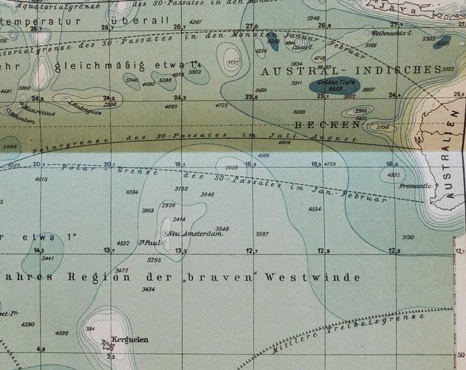 Indian Ocean - original antique map from 1902 (country, city, province, Australia, New Amsterdam, Kerguelen Islands, Antarctic, Mauritius)