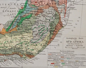 Geology of South Africa - original antique map from 1902 (country, city, province, Gold, goldfields, kapland, transvaal, cobalt, diamonds)