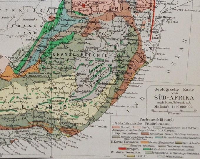 Geology of South Africa - original antique map from 1902 (country, city, province, Gold, goldfields, kapland, transvaal, cobalt, diamonds)