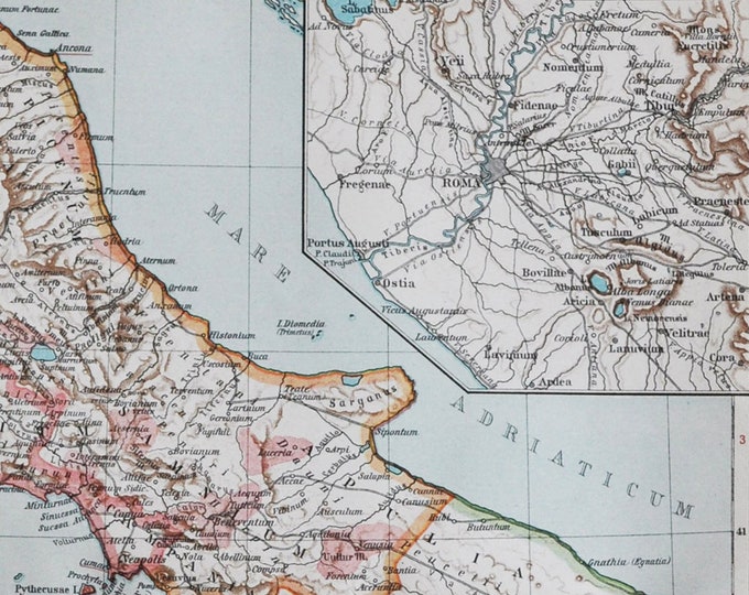 Italy & Rome - original antique map from 1902 (country, city, province, region, metropolitan, geography, topography adriatic sea tyrrhenian)