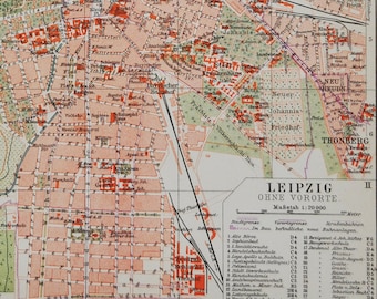 Leipzig Downtown (Germany) - original antique map from 1902 (country, city, province, europe, Saxony, Rosental, Gohlis, Neustadt Eutritzsch)
