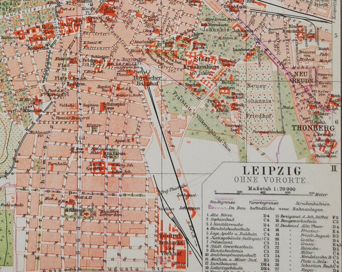Leipzig Downtown (Germany) - original antique map from 1902 (country, city, province, europe, Saxony, Rosental, Gohlis, Neustadt Eutritzsch)