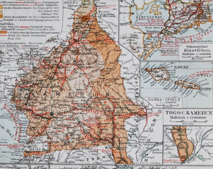 German Colonial Military Events  - original antique map from 1902 (country city regions topography geography africa cameroon togo samoa)