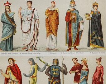 Costumes I - Original Antique Print - 1906 (Egyptian, Greek, Roman, Byzantine, Franconia, French Flanders empire region clothes male female)