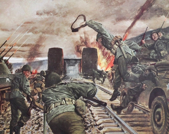 Remagen Bridgehead - Original Military Print from 1950s (us army in action corps siege american battle of operation 1945 germany rhine nazi)