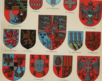 Coat of Arms of European Countries - Original Antique Print - 1906 (Spain, Russia, Holland, Italy, Norway, Sweden Monaco Greece Denmark etc)