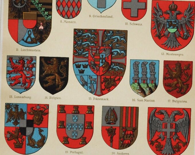 Coat of Arms of European Countries - Original Antique Print - 1906 (Spain, Russia, Holland, Italy, Norway, Sweden Monaco Greece Denmark etc)