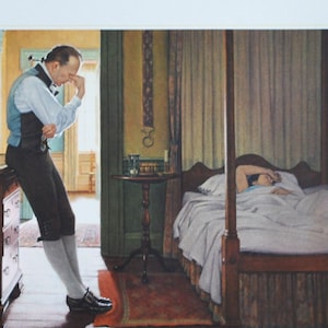 Può includere: Una stampa incorniciata di un dipinto storico raffigurante Benjamin Rush, un medico, in una stanza con una persona a letto. La stampa ha del testo in basso. La stanza ha un comò in legno, un tavolino e una finestra.