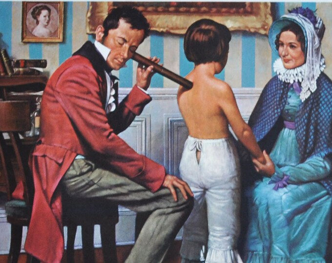 Rene Laennec and the Stethoscope - Original Medical Print / Poster 1960s (history, pharmacy, medicine, lungs, disease, physician, french)